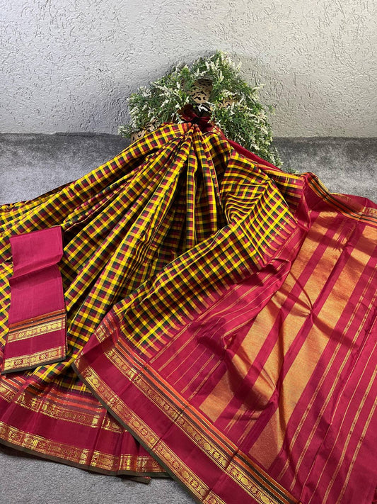 MUSTARD RED GREEN SILK PURE HANDLOOM KANJIVARM SAREE