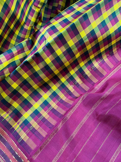 MUSTARD RED GREEN SILK PURE HANDLOOM KANJIVARM SAREE