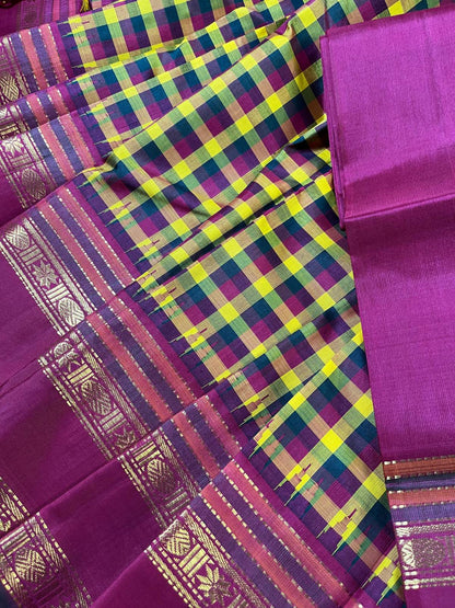 MUSTARD RED GREEN SILK PURE HANDLOOM KANJIVARM SAREE