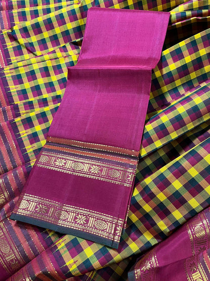 MUSTARD RED GREEN SILK PURE HANDLOOM KANJIVARM SAREE