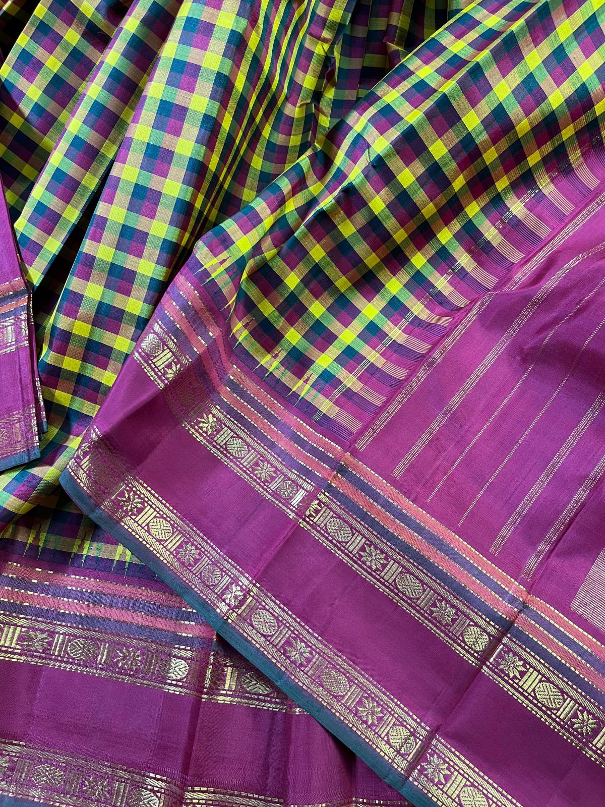 MUSTARD RED GREEN SILK PURE HANDLOOM KANJIVARM SAREE