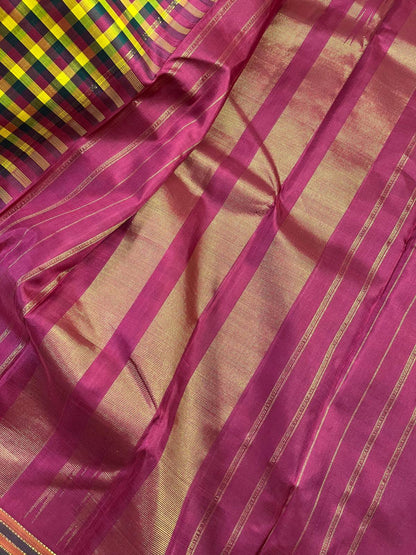 MUSTARD RED GREEN SILK PURE HANDLOOM KANJIVARM SAREE