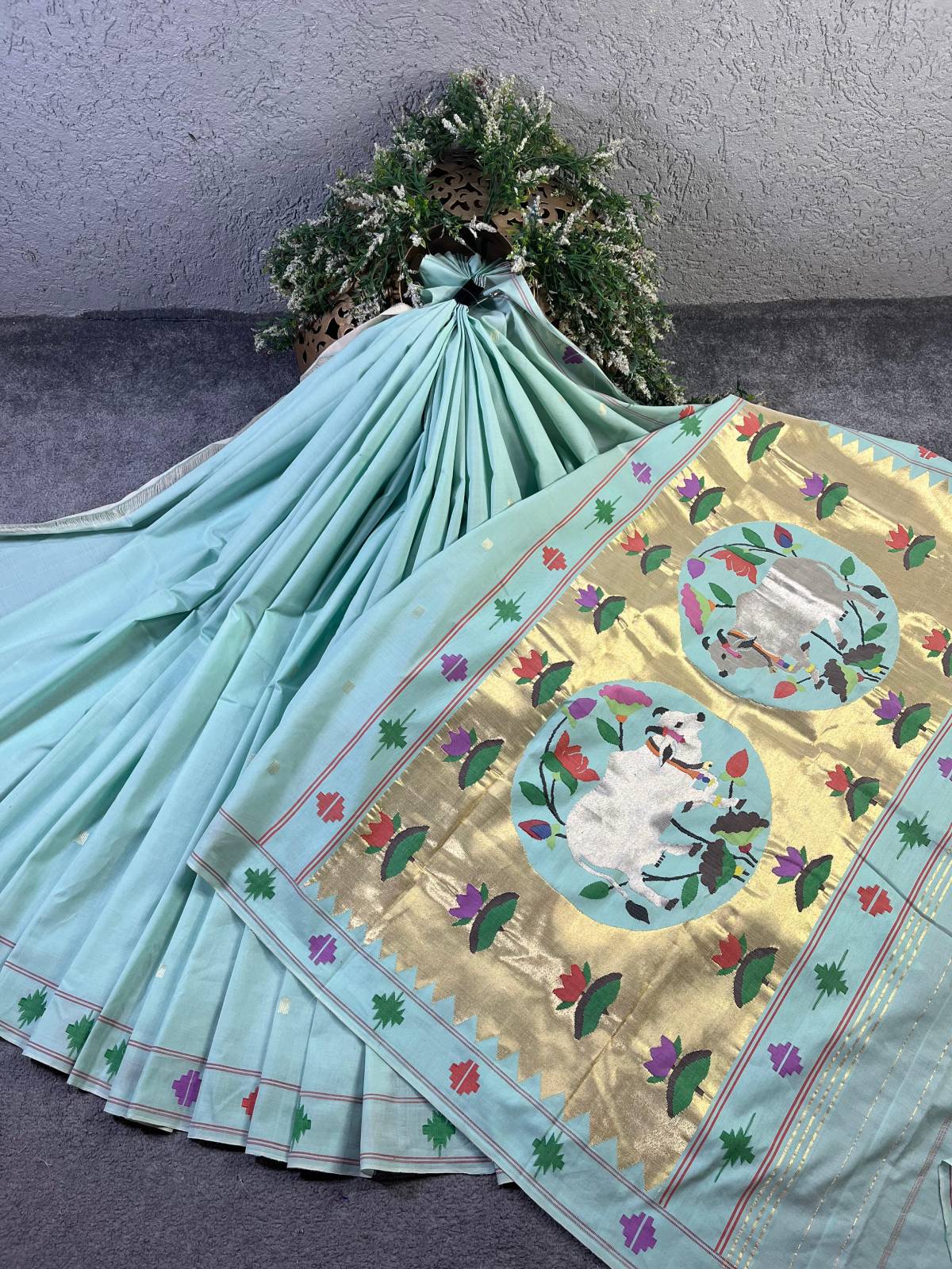 SEA BLUE COTTON PURE HANDLOOM PAITHANI SAREE