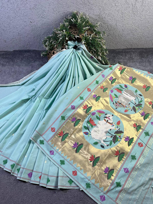 SEA BLUE COTTON PURE HANDLOOM PAITHANI SAREE