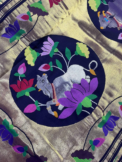 INK BLUE COTTON PURE HANDLOOM PAITHANI SAREE