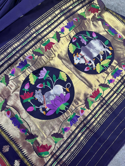 INK BLUE COTTON PURE HANDLOOM PAITHANI SAREE