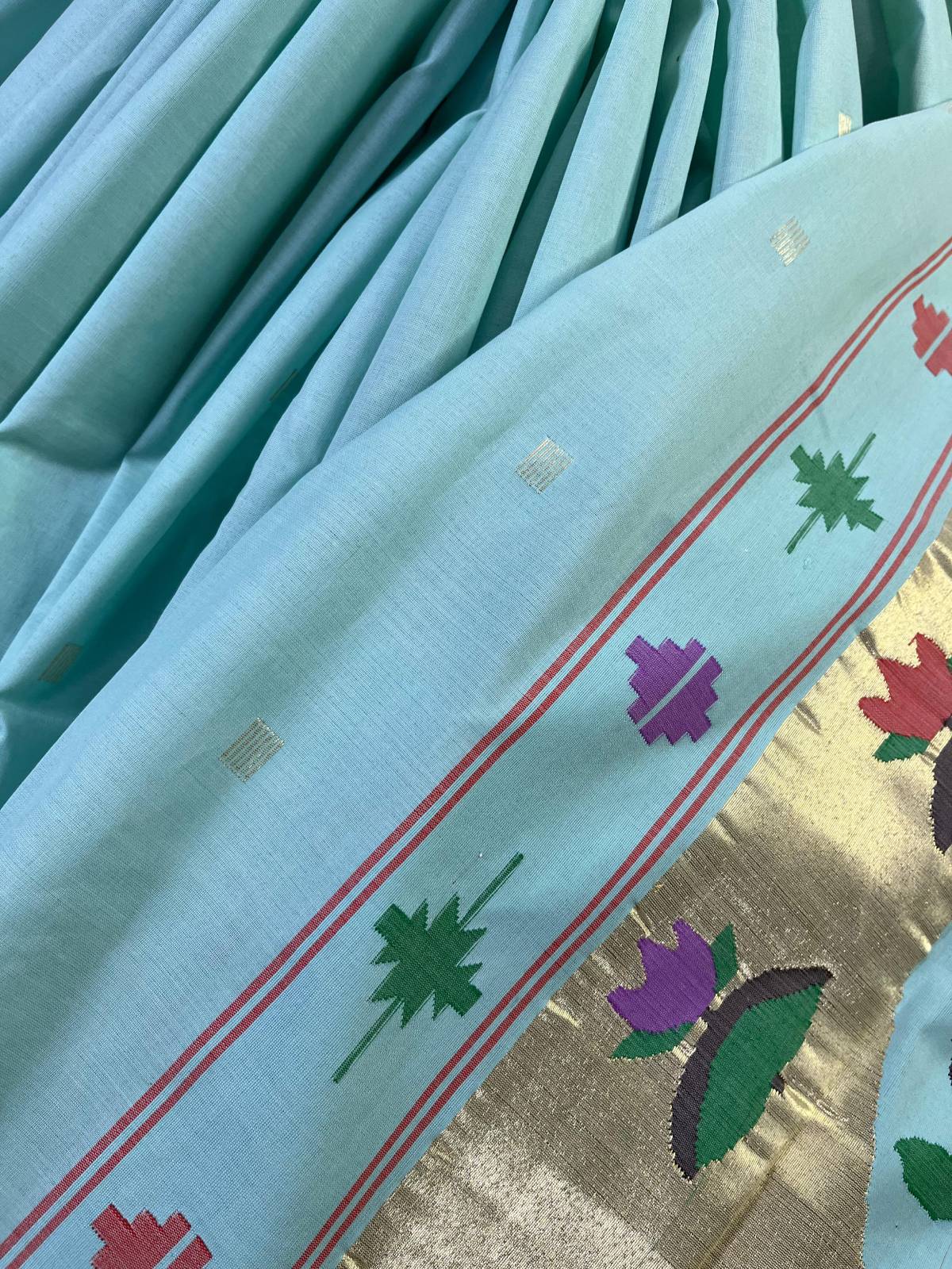 SEA BLUE COTTON PURE HANDLOOM PAITHANI SAREE