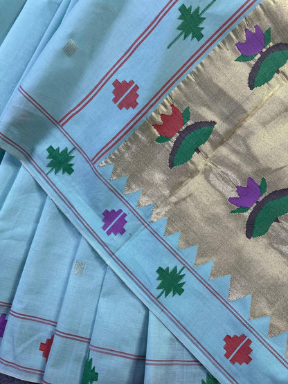 SEA BLUE COTTON PURE HANDLOOM PAITHANI SAREE