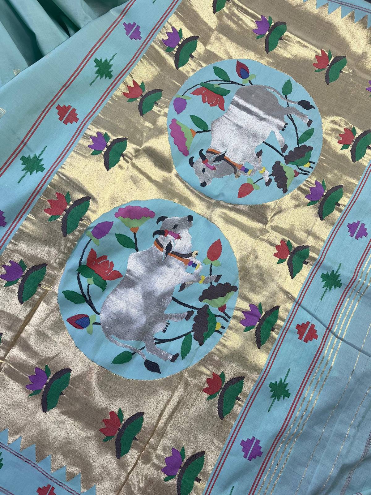 SEA BLUE COTTON PURE HANDLOOM PAITHANI SAREE