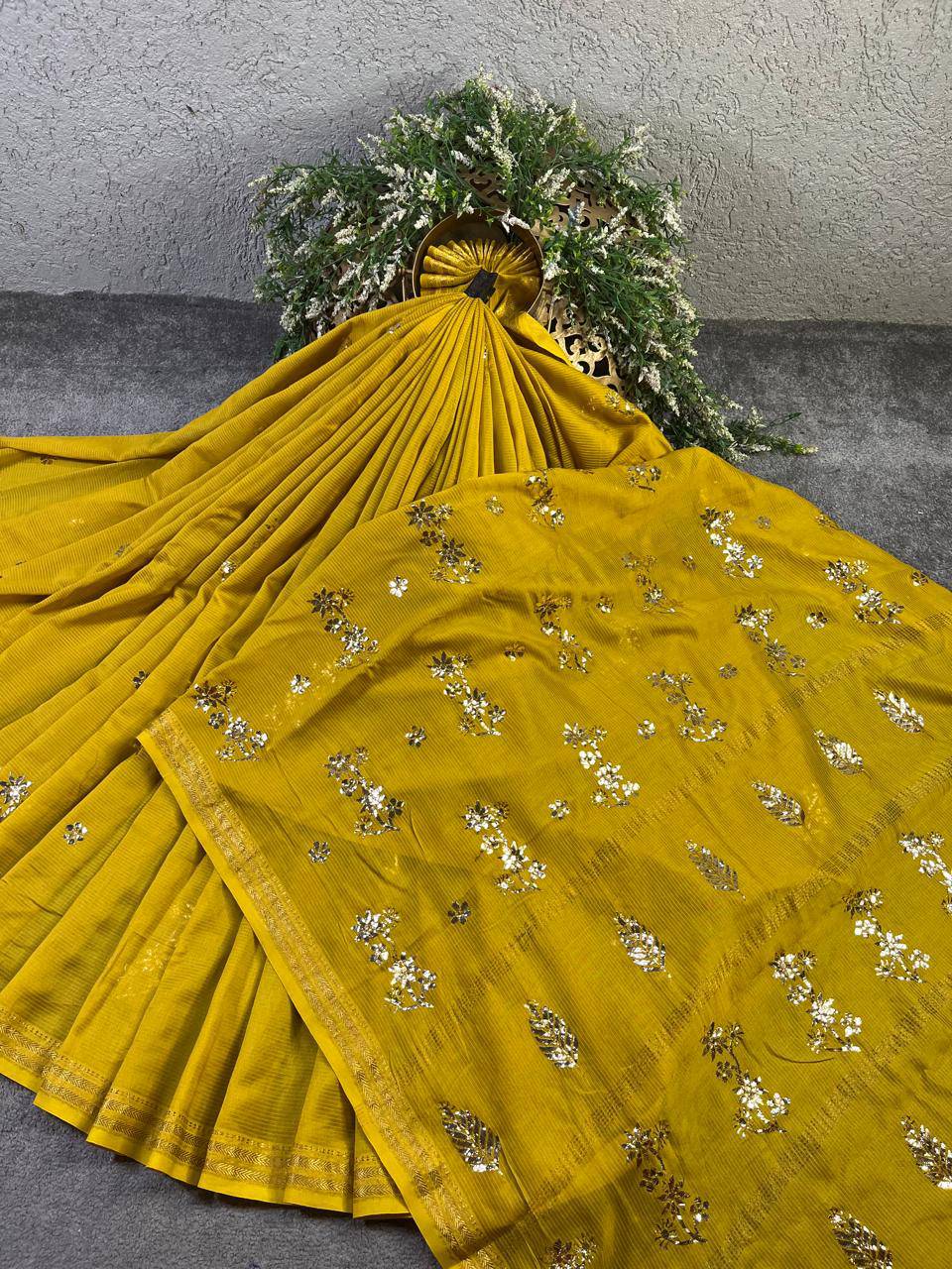 MUSTARD YELLOW COTTON PURE HANDLOOM LUCKNOWI SAREE