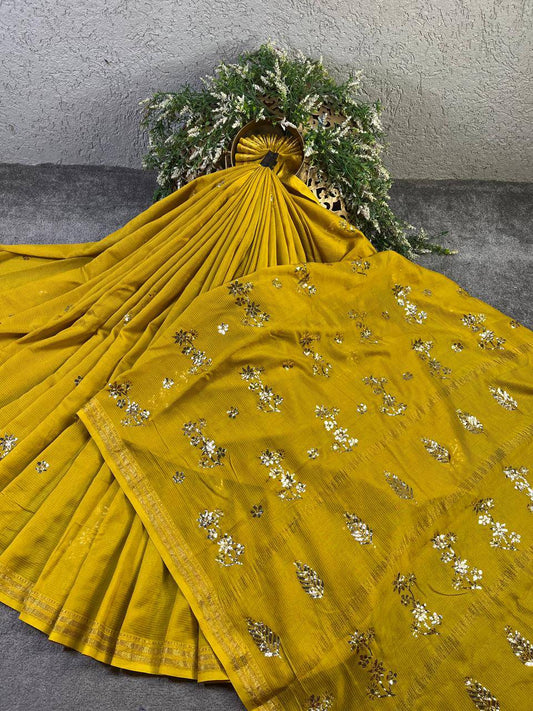MUSTARD YELLOW COTTON PURE HANDLOOM LUCKNOWI SAREE