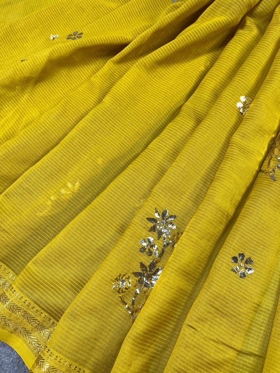 MUSTARD YELLOW COTTON PURE HANDLOOM LUCKNOWI SAREE