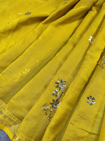 MUSTARD YELLOW COTTON PURE HANDLOOM LUCKNOWI SAREE