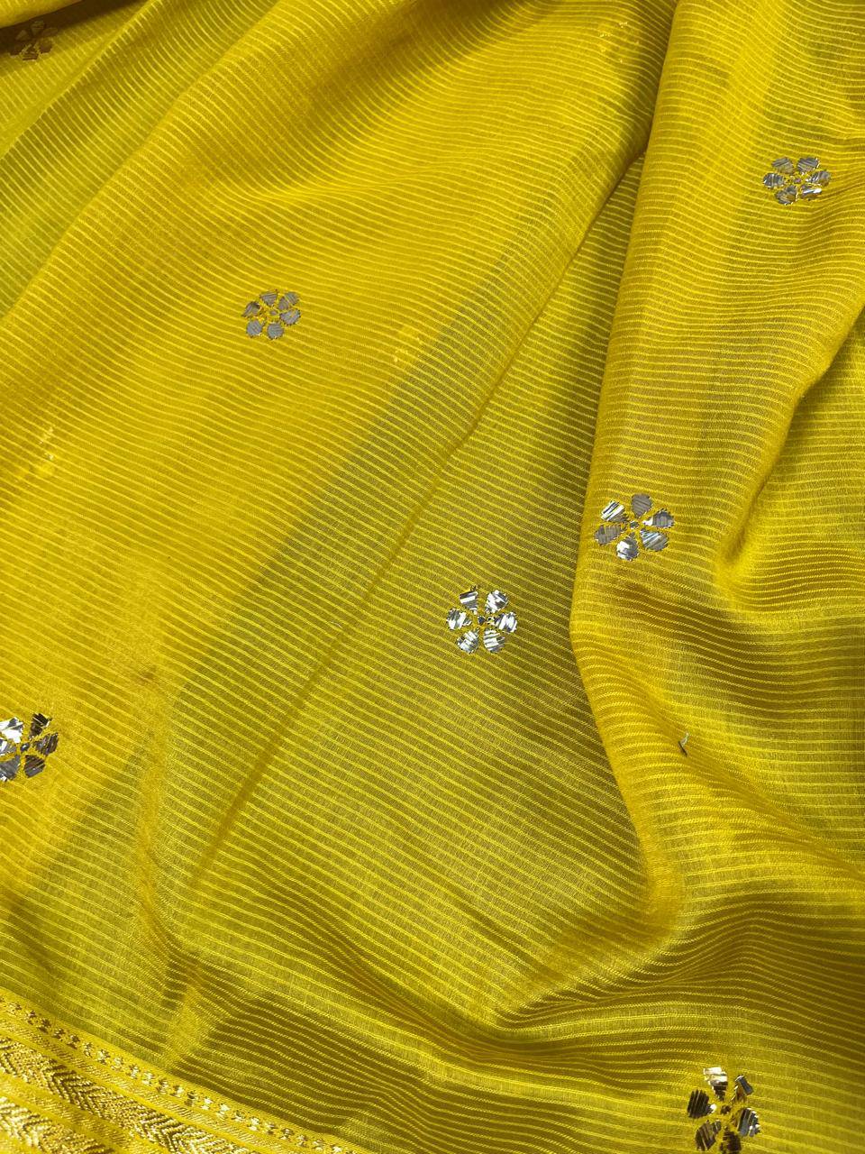 MUSTARD YELLOW COTTON PURE HANDLOOM LUCKNOWI SAREE