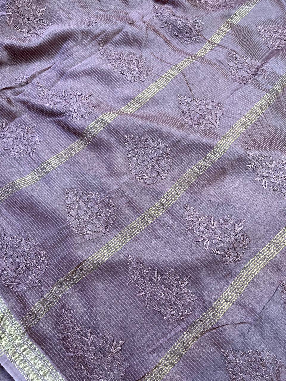 BROWN COTTON PURE HANDLOOM LUCKNOWI SAREE