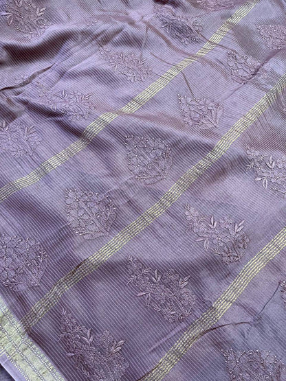 BROWN COTTON PURE HANDLOOM LUCKNOWI SAREE