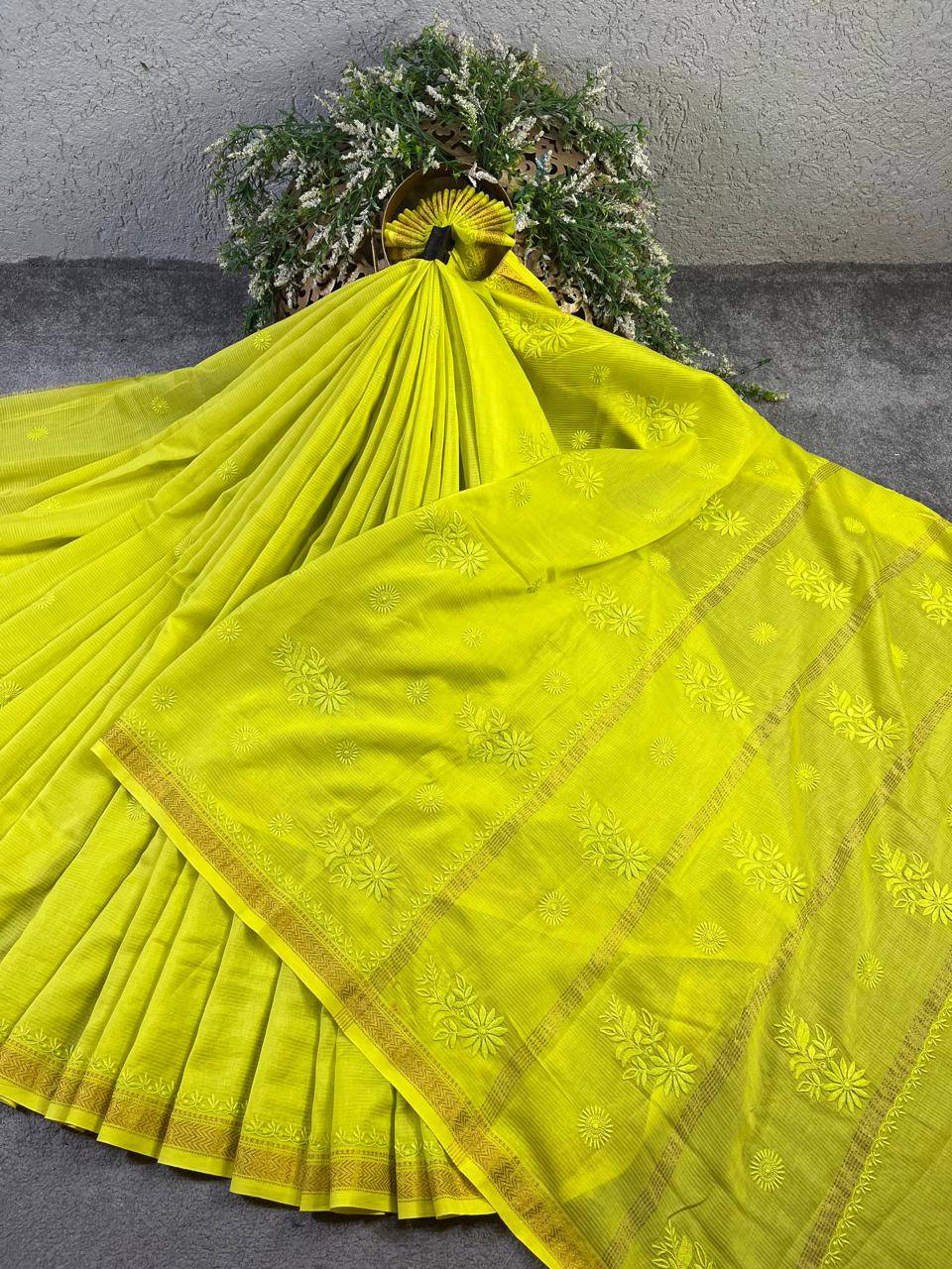 NEON YELLOW COTTON PURE HANDLOOM LUCKNOWI SAREE