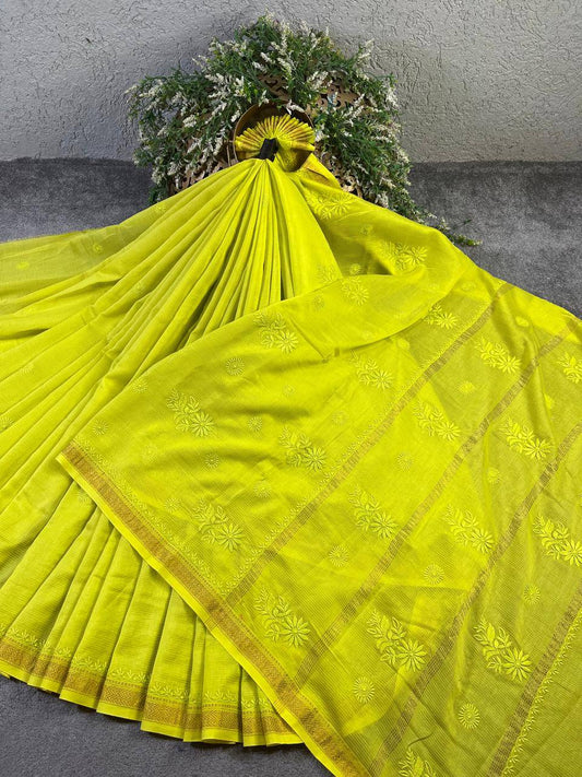 NEON YELLOW COTTON PURE HANDLOOM LUCKNOWI SAREE