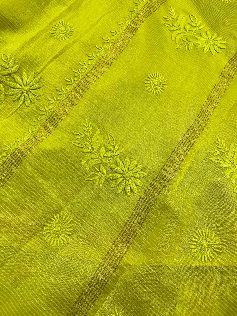 NEON YELLOW COTTON PURE HANDLOOM LUCKNOWI SAREE