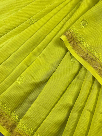 NEON YELLOW COTTON PURE HANDLOOM LUCKNOWI SAREE
