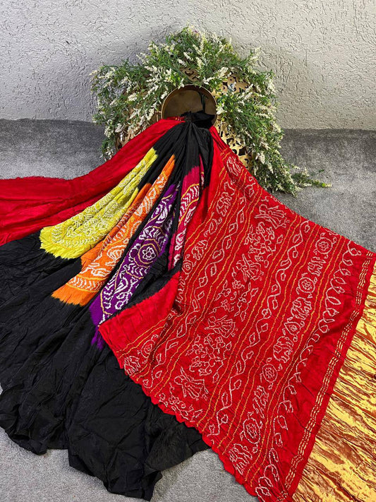 BLACK GAJJI SILK PURE HANDLOOM BANDHEJ SAREE