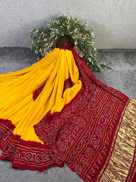 YELLOW GAJJI SILK PURE HANDLOOM BANDHEJ SAREE