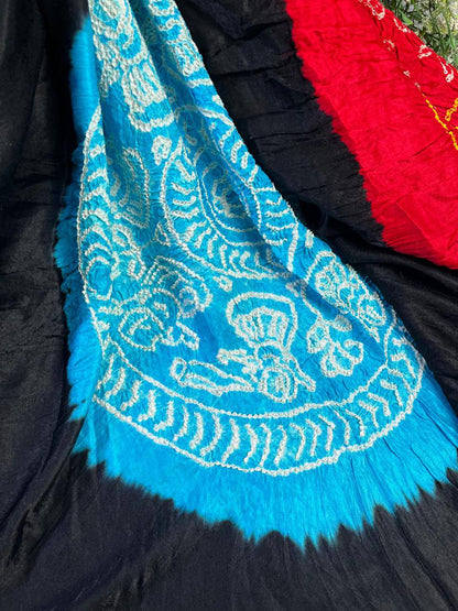 BLACK GAJJI SILK PURE HANDLOOM BANDHEJ SAREE