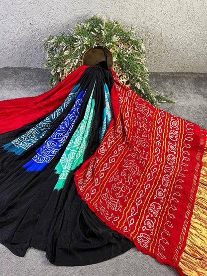 BLACK GAJJI SILK PURE HANDLOOM BANDHEJ SAREE