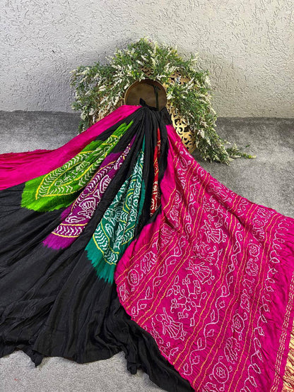 BLACK GAJI SILK PURE HANDLOOM BANDHEJ SAREE