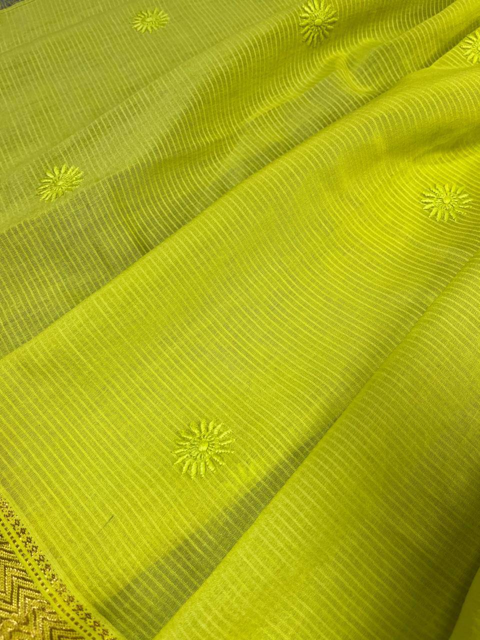 NEON YELLOW COTTON PURE HANDLOOM LUCKNOWI SAREE