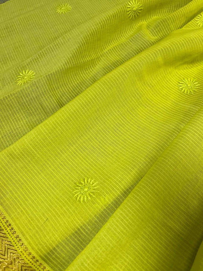 NEON YELLOW COTTON PURE HANDLOOM LUCKNOWI SAREE