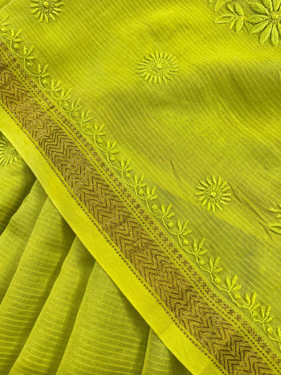 NEON YELLOW COTTON PURE HANDLOOM LUCKNOWI SAREE