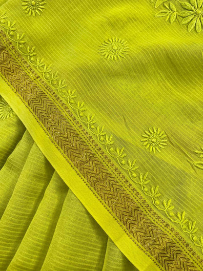 NEON YELLOW COTTON PURE HANDLOOM LUCKNOWI SAREE