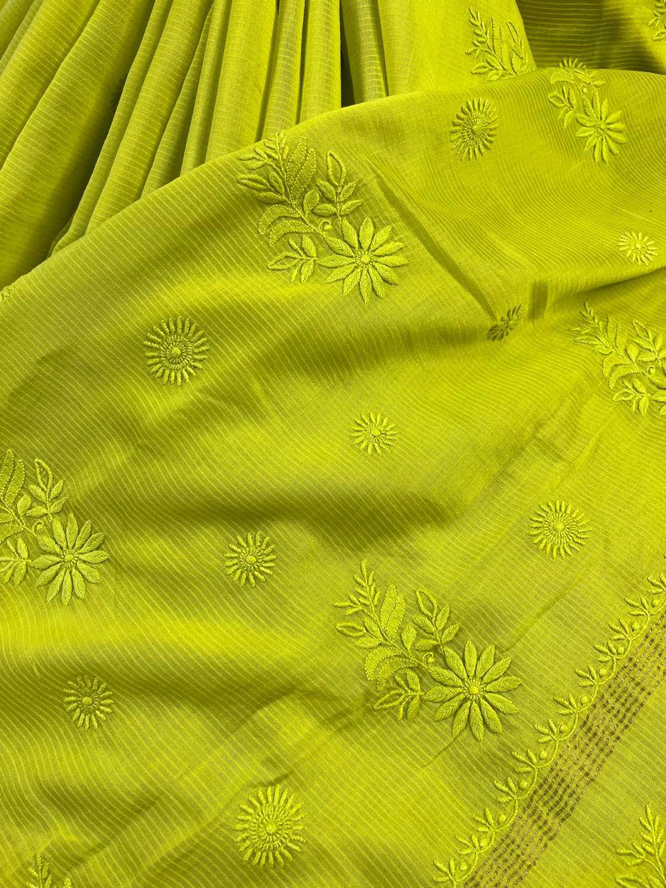 NEON YELLOW COTTON PURE HANDLOOM LUCKNOWI SAREE