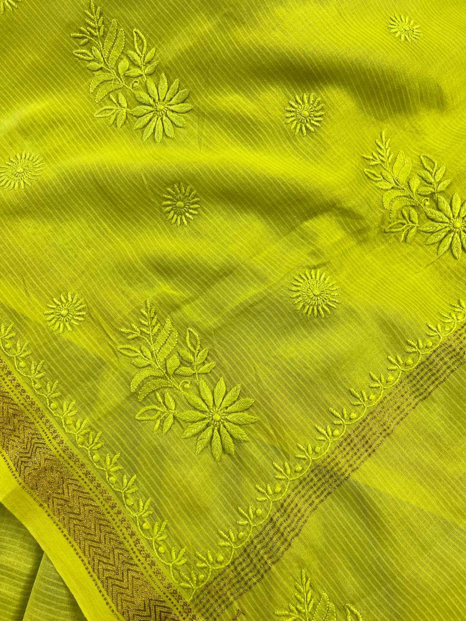 NEON YELLOW COTTON PURE HANDLOOM LUCKNOWI SAREE