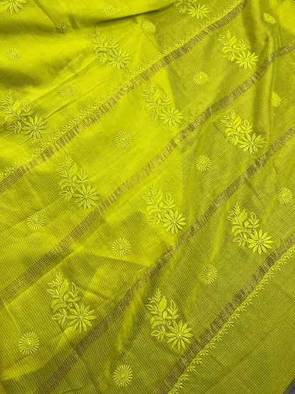 NEON YELLOW COTTON PURE HANDLOOM LUCKNOWI SAREE