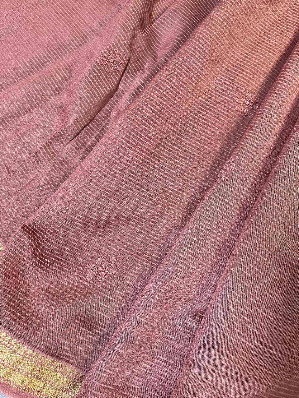 BROWN COTTON PURE HANDLOOM LUCKNOWI SAREE