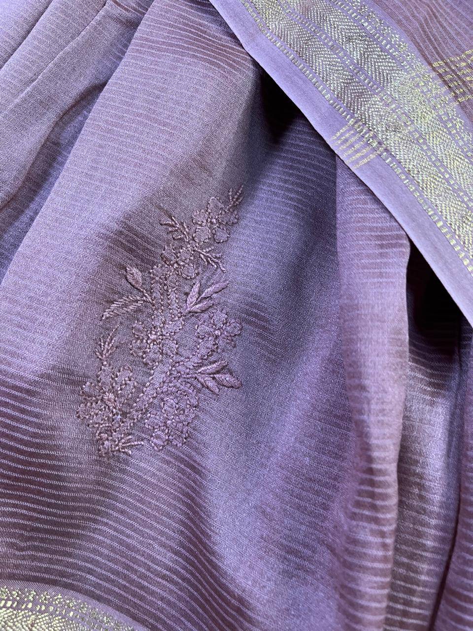 BROWN COTTON PURE HANDLOOM LUCKNOWI SAREE