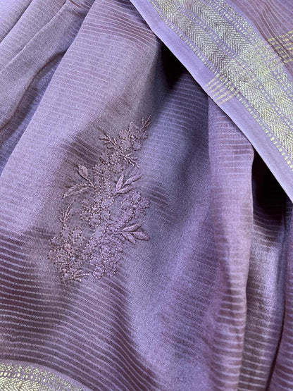 BROWN COTTON PURE HANDLOOM LUCKNOWI SAREE