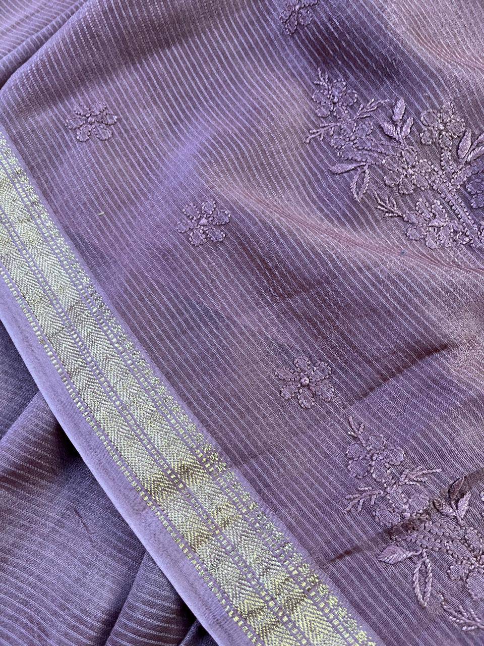 BROWN COTTON PURE HANDLOOM LUCKNOWI SAREE