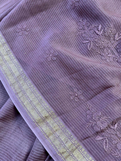 BROWN COTTON PURE HANDLOOM LUCKNOWI SAREE