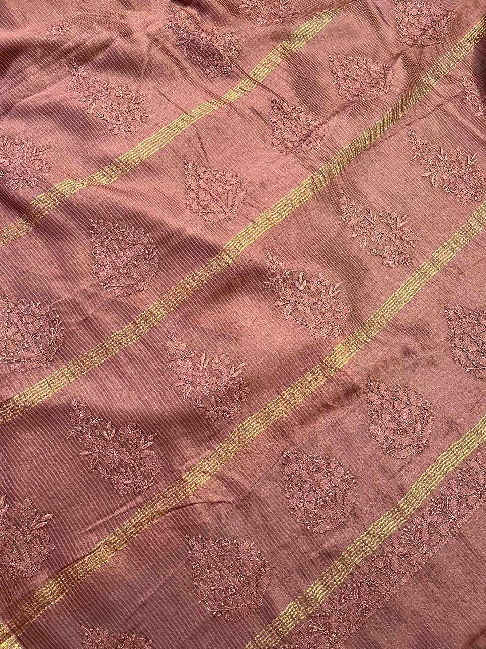 BROWN COTTON PURE HANDLOOM LUCKNOWI SAREE