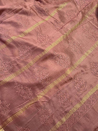 BROWN COTTON PURE HANDLOOM LUCKNOWI SAREE