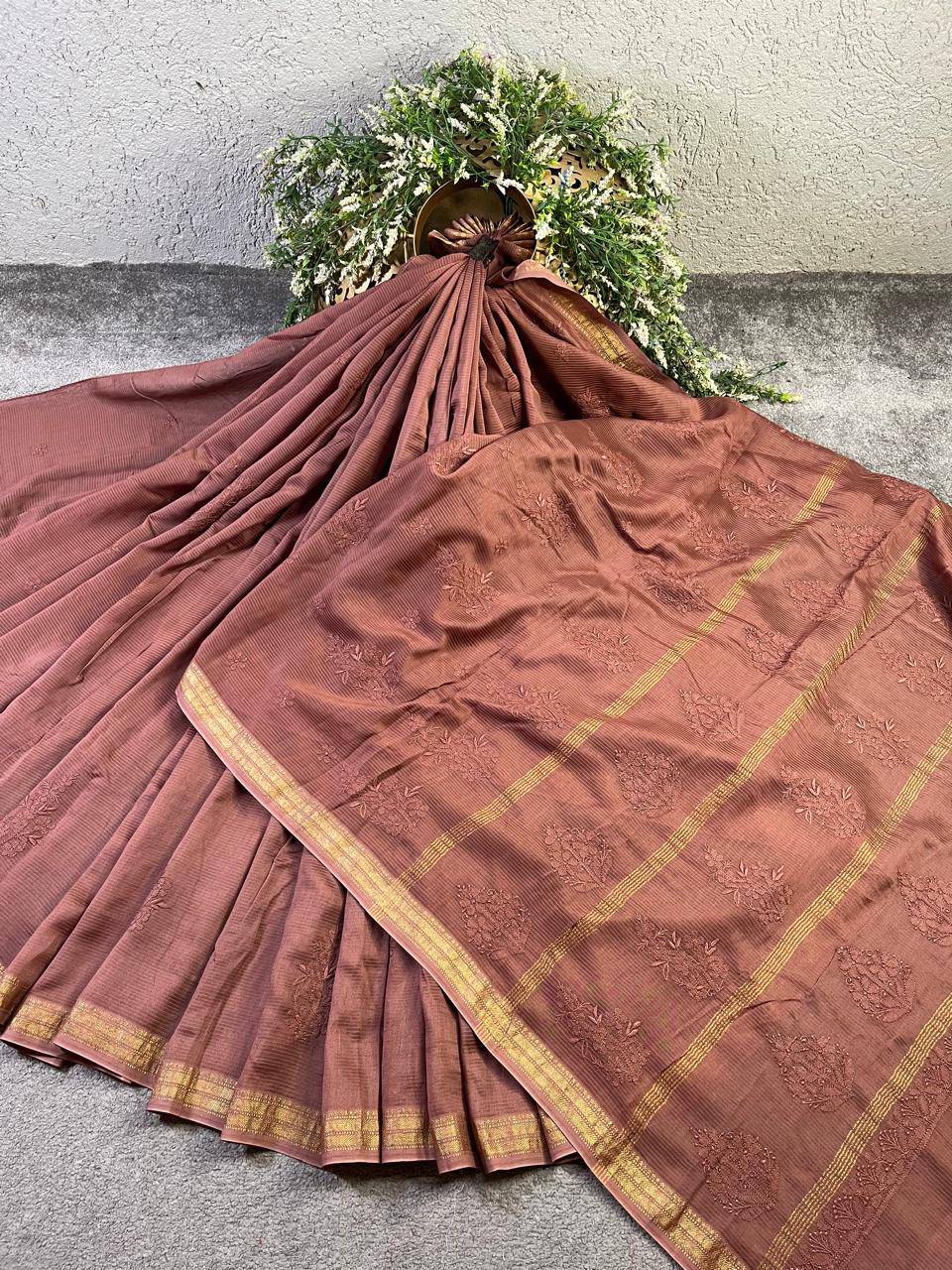 BROWN COTTON PURE HANDLOOM LUCKNOWI SAREE