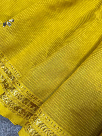 MUSTARD YELLOW COTTON PURE HANDLOOM LUCKNOWI SAREE