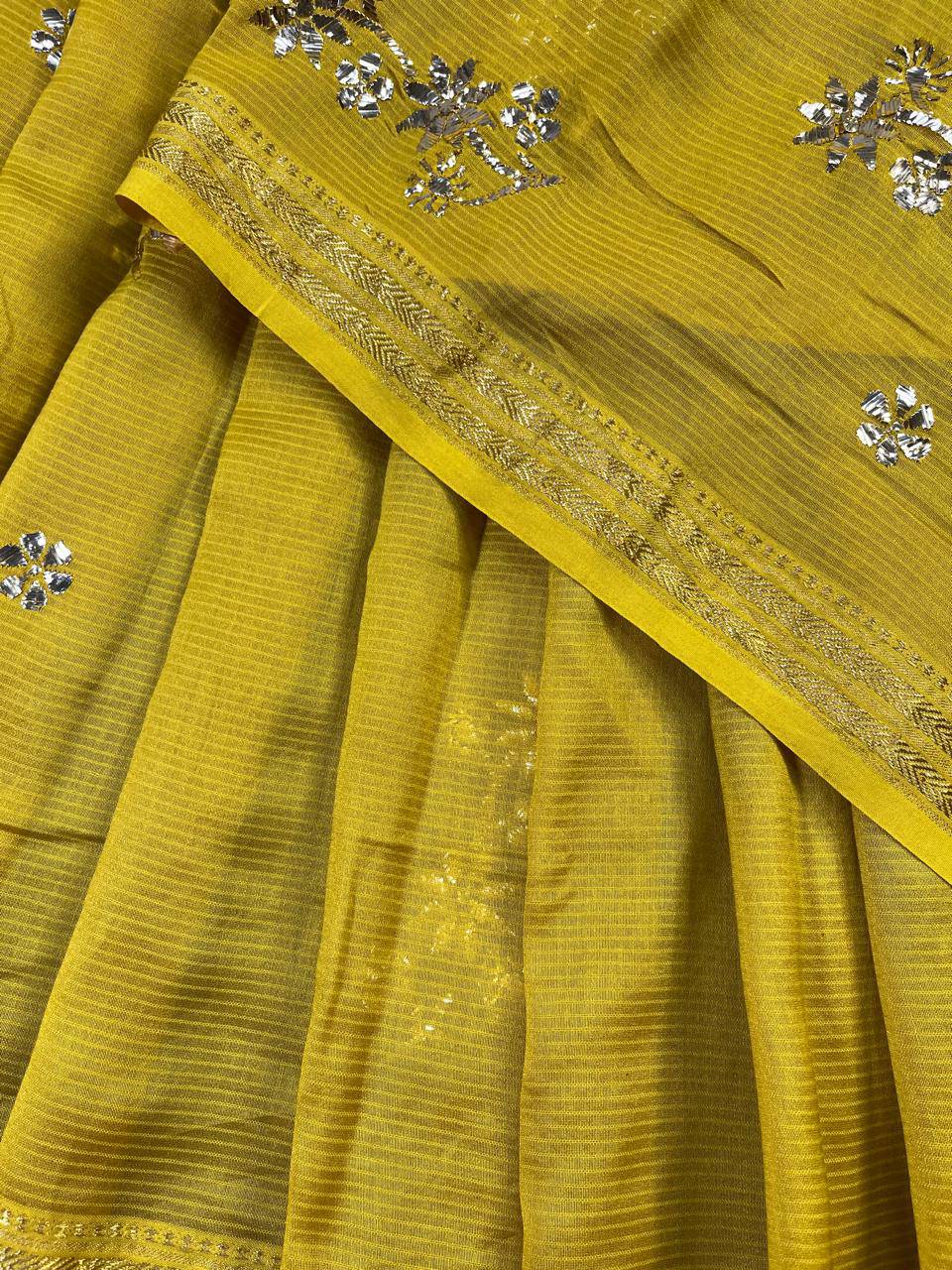 MUSTARD YELLOW COTTON PURE HANDLOOM LUCKNOWI SAREE