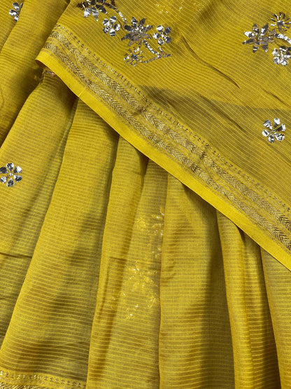 MUSTARD YELLOW COTTON PURE HANDLOOM LUCKNOWI SAREE