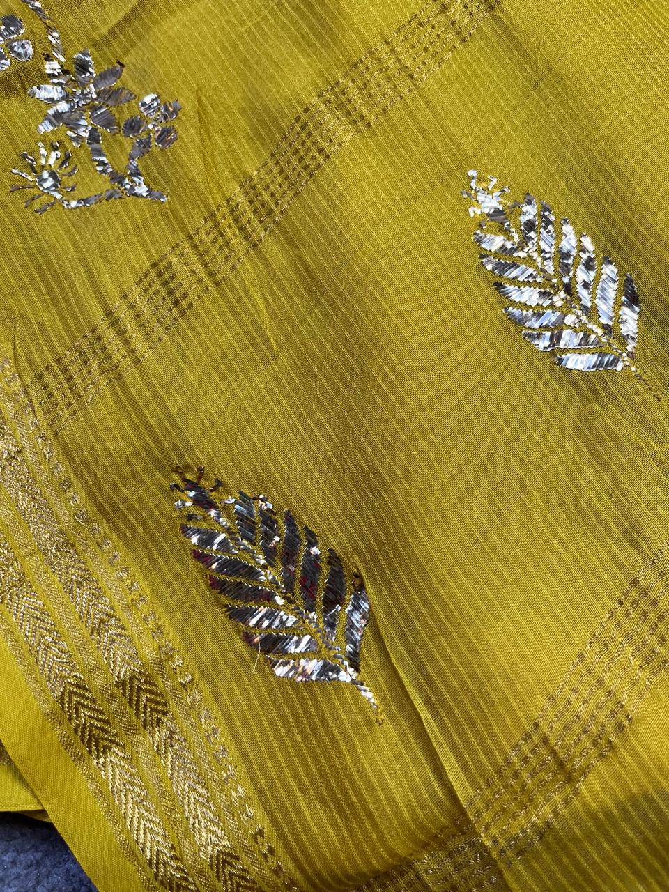 MUSTARD YELLOW COTTON PURE HANDLOOM LUCKNOWI SAREE