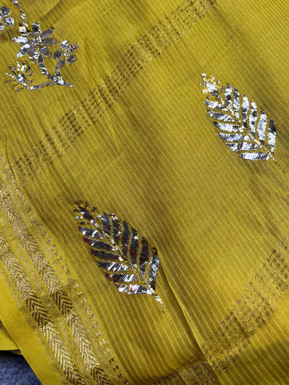 MUSTARD YELLOW COTTON PURE HANDLOOM LUCKNOWI SAREE