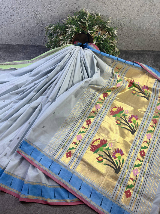 ICE BLUE COTTON PURE HANDLOOM PAITHANI SAREE